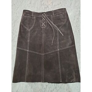 Vintage Genuine Leather Brown Skirt Medium Boho unfinished hem, lined, pockets